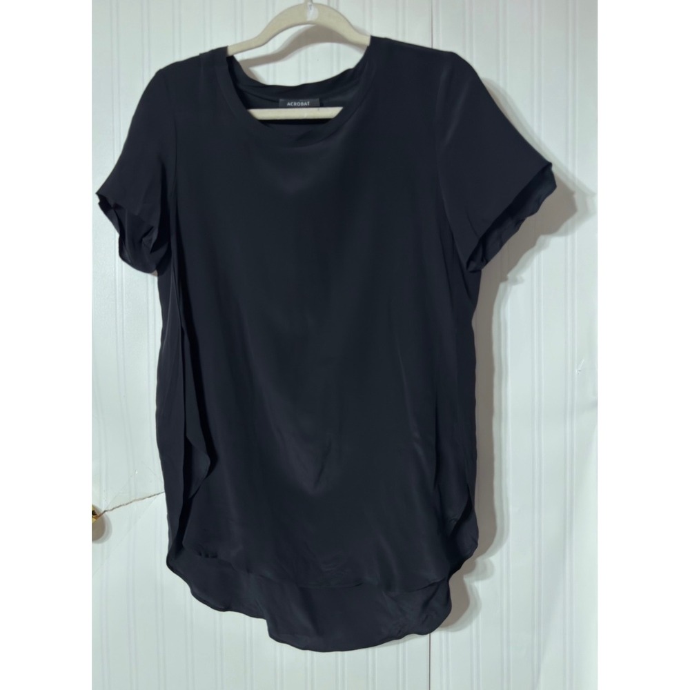 Acrobat Womens Black 100% Silk‎ Short Sleeve High Low Blouse Top Size Small